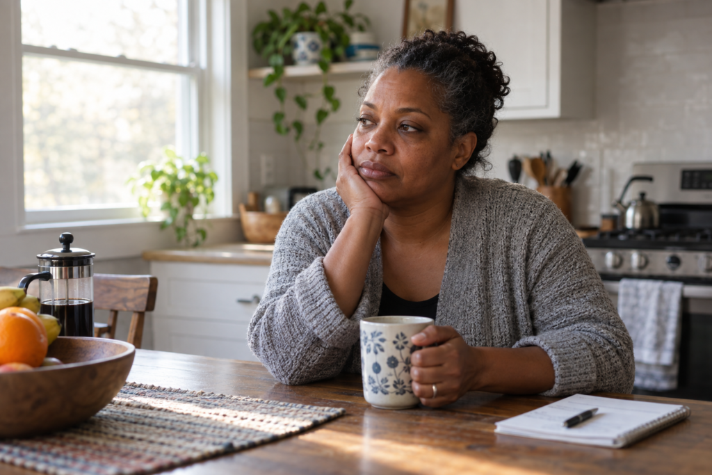Woman sitting at a kitchen table in morning light