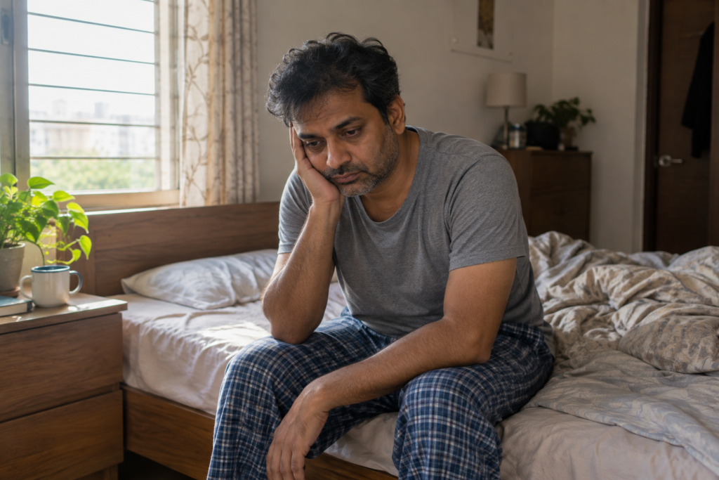 Man sitting on the edge of his bed in morning light