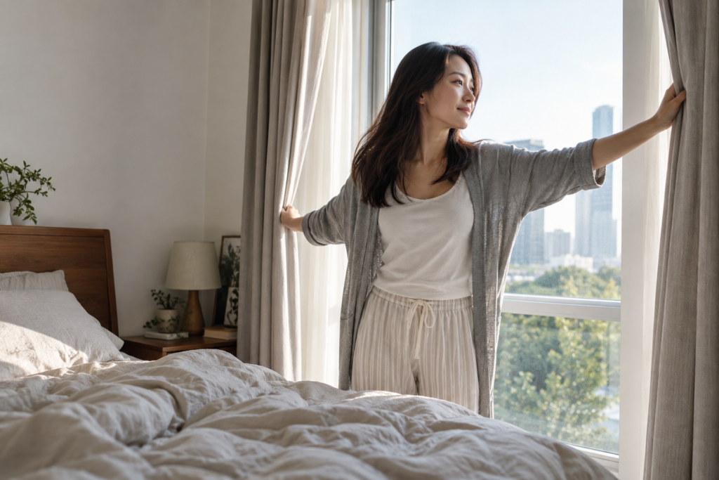 Woman opening bedroom curtains after waking