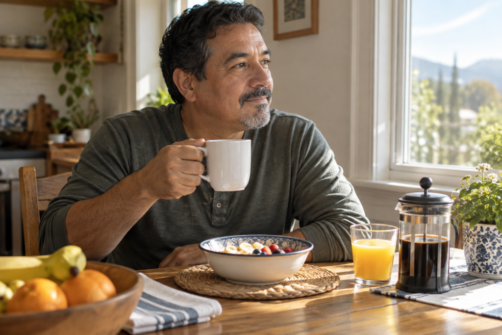 Man having breakfast beside a bright window