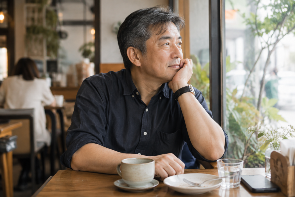 Man sitting at a cafe table after lunch