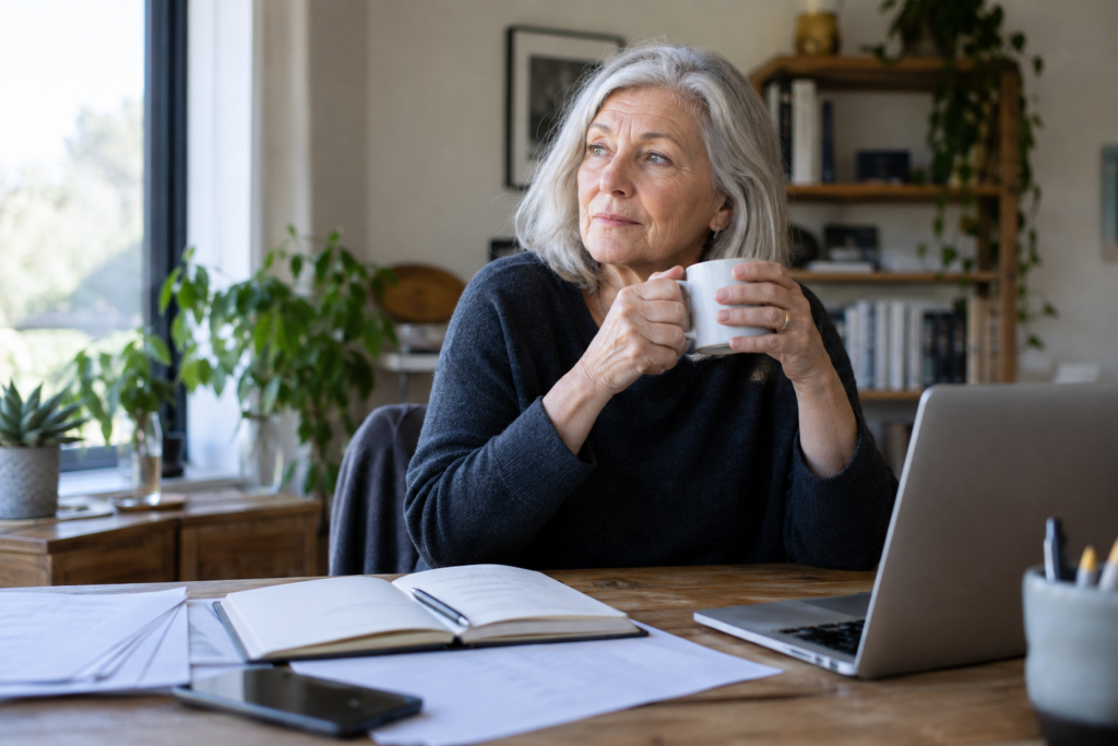 Woman holding a coffee cup at her desk