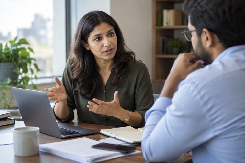 Two colleagues discussing their workload at an office table