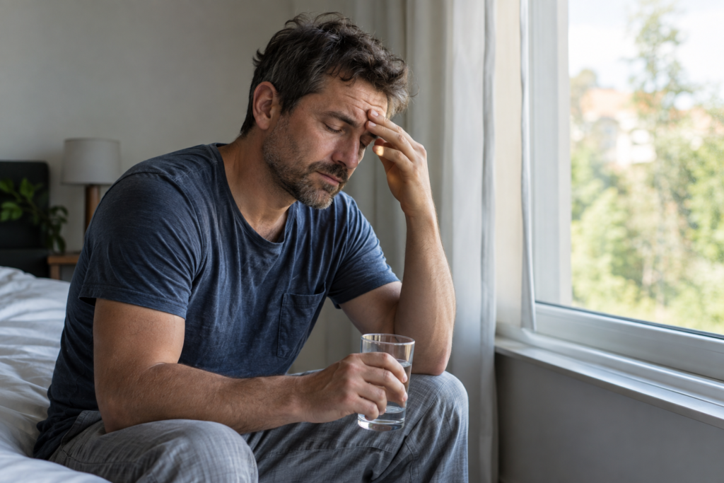 Man sitting beside a window with a glass of water