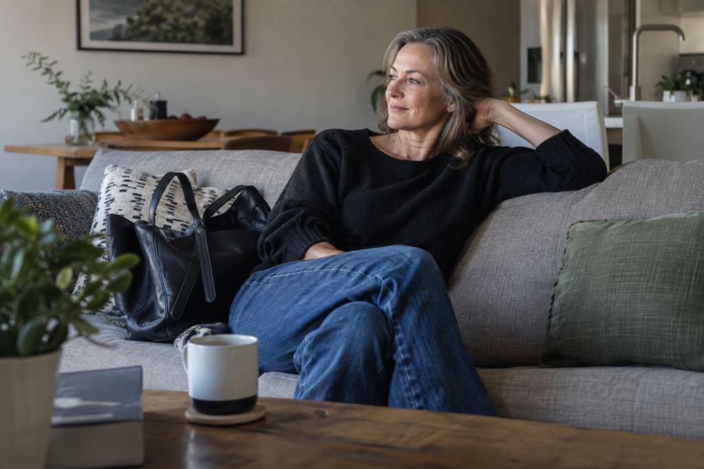 Woman resting on a sofa beside her work bag