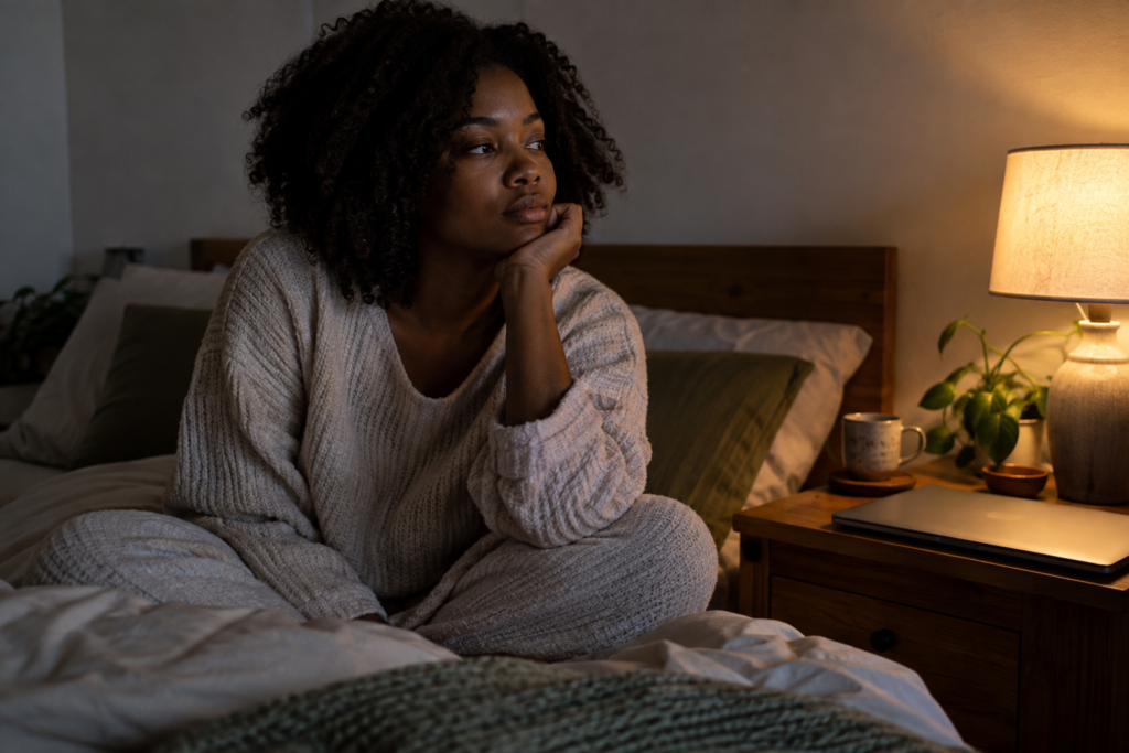 Young adult sitting beside a bedside lamp and closed laptop