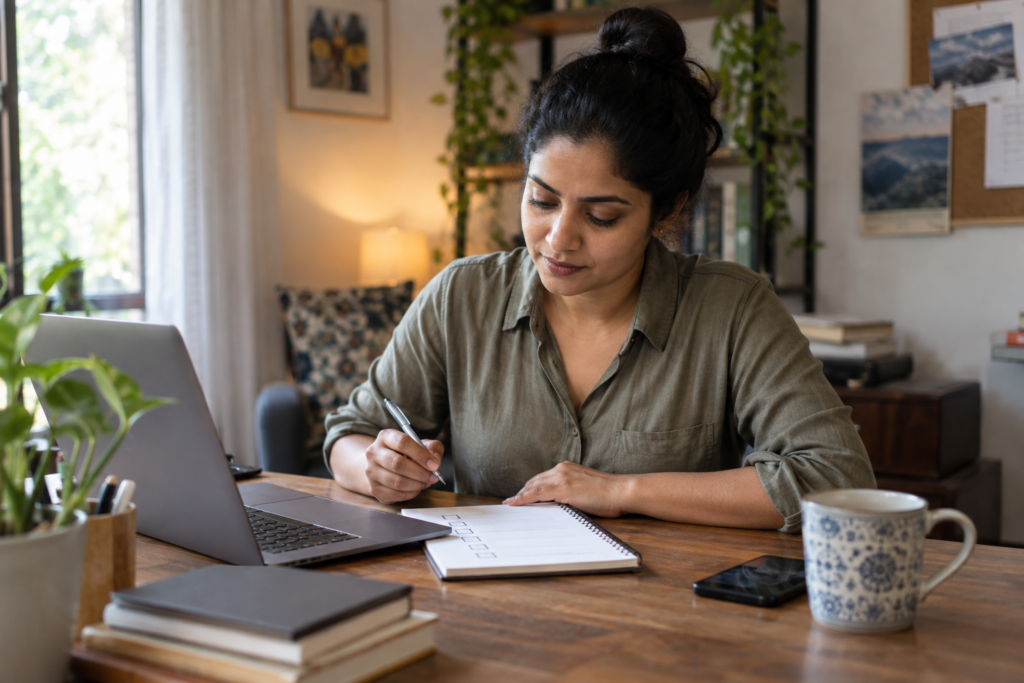 Woman pausing at a laptop with a notebook beside her