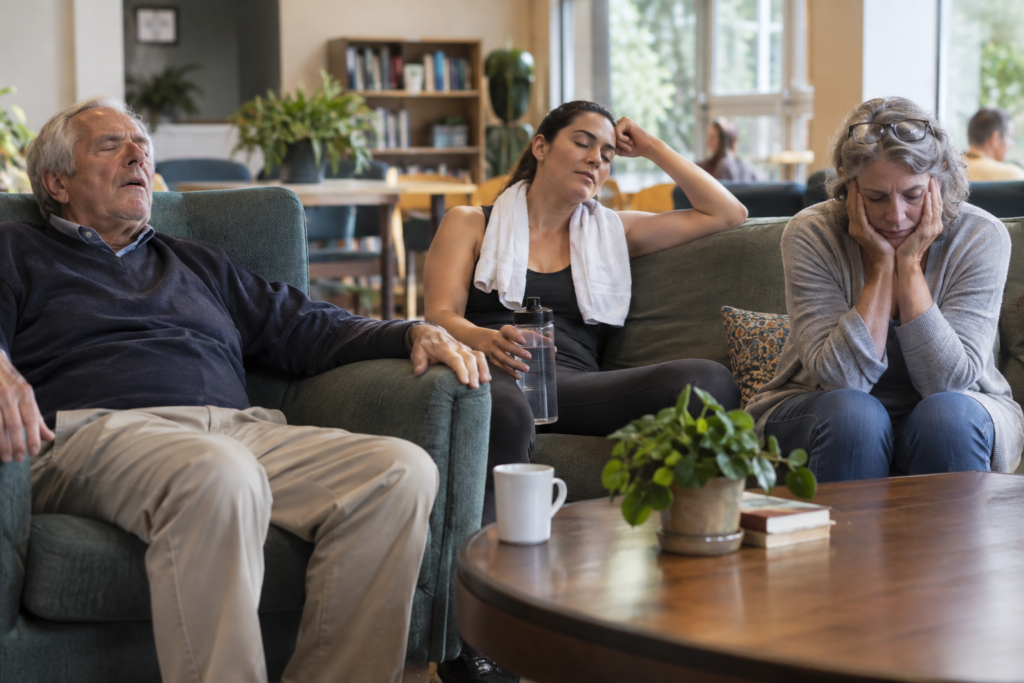 Three adults resting in a quiet community lounge