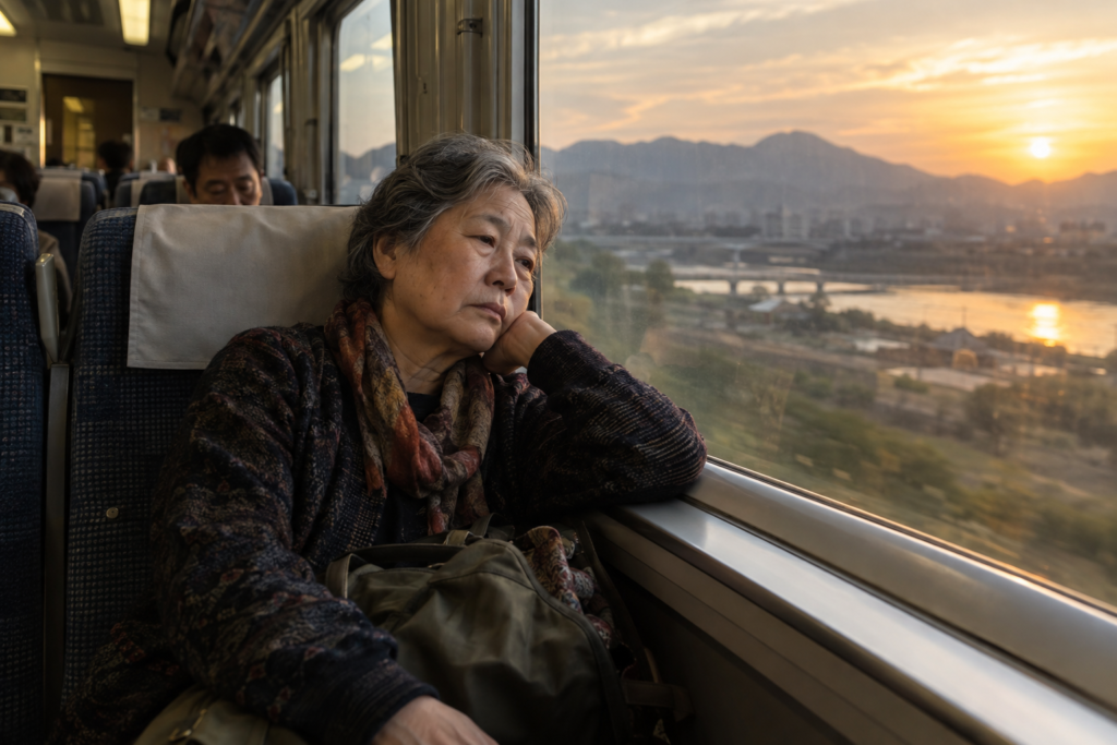 Older adult seated on a train in afternoon light