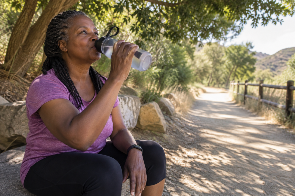 Woman drinking water during a shaded rest on a walking trail