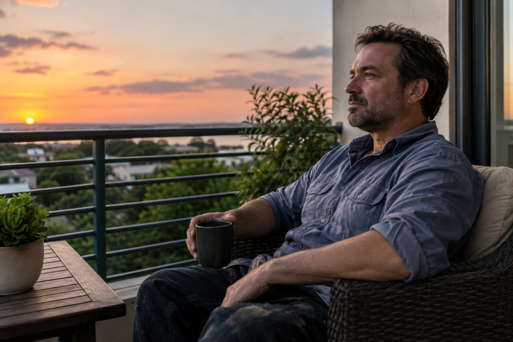 Man resting on a balcony after work