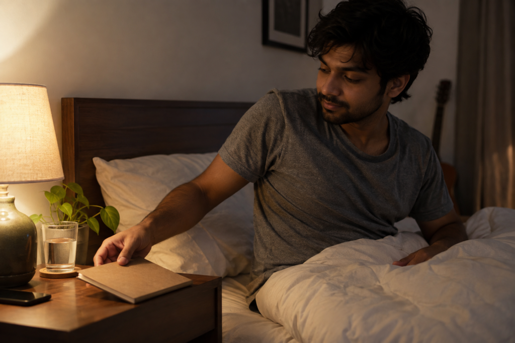 Young man placing a notebook on a bedside table at night