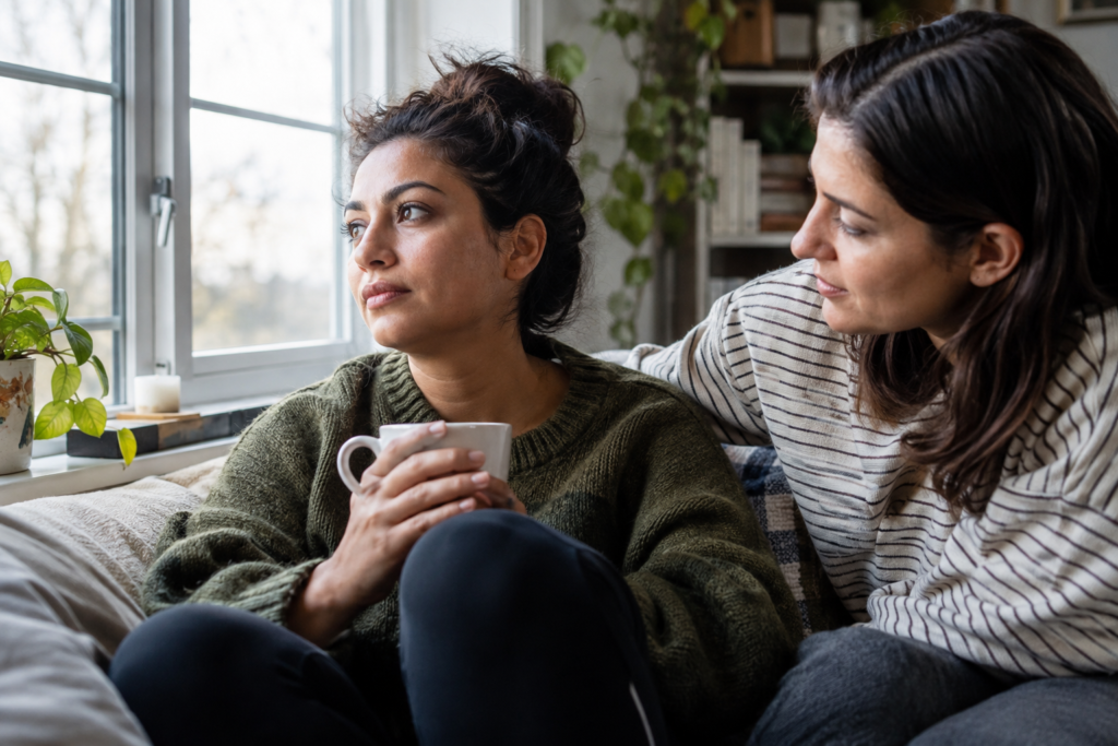 Two adults sitting together beside a window