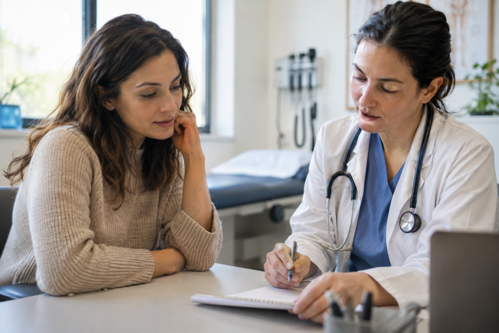 Woman discussing a symptom note with a clinician