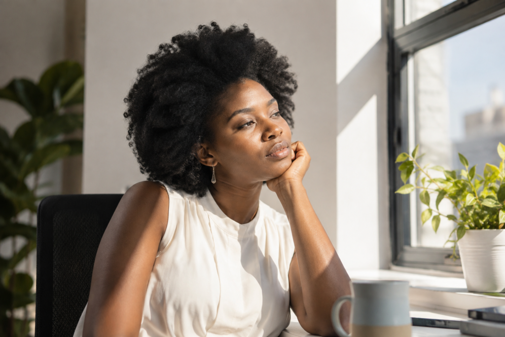 Office worker sitting beside a sunlit window