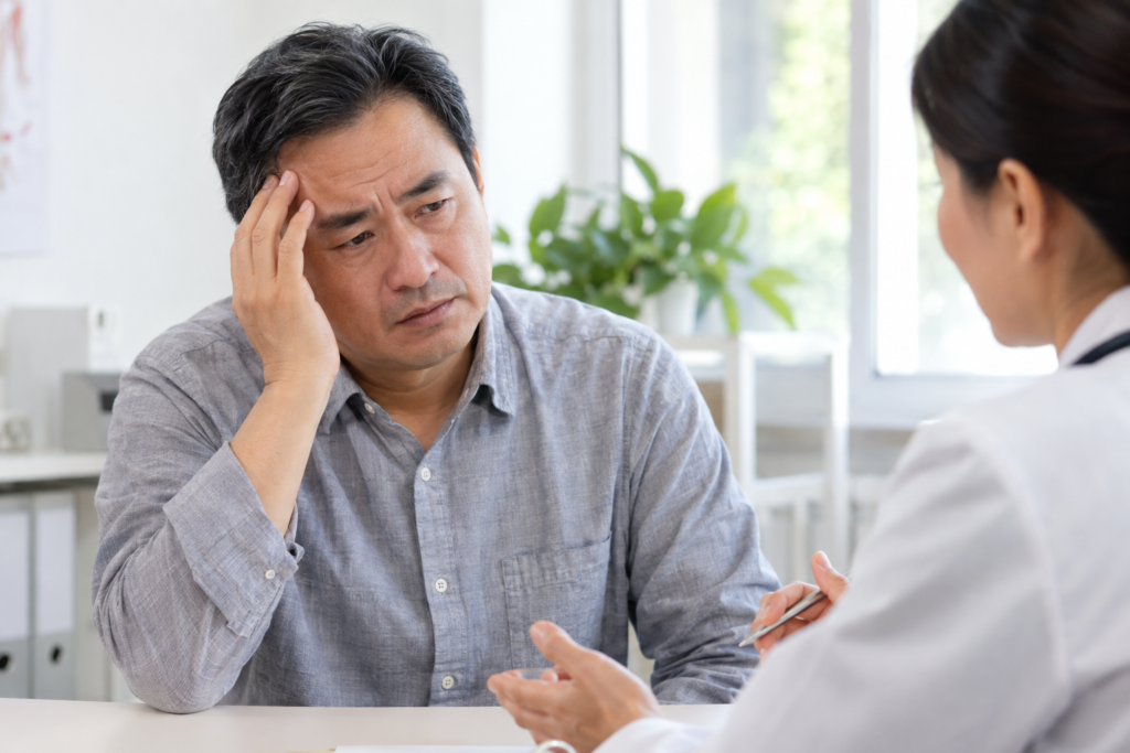 Man talking with a clinician in a consultation room