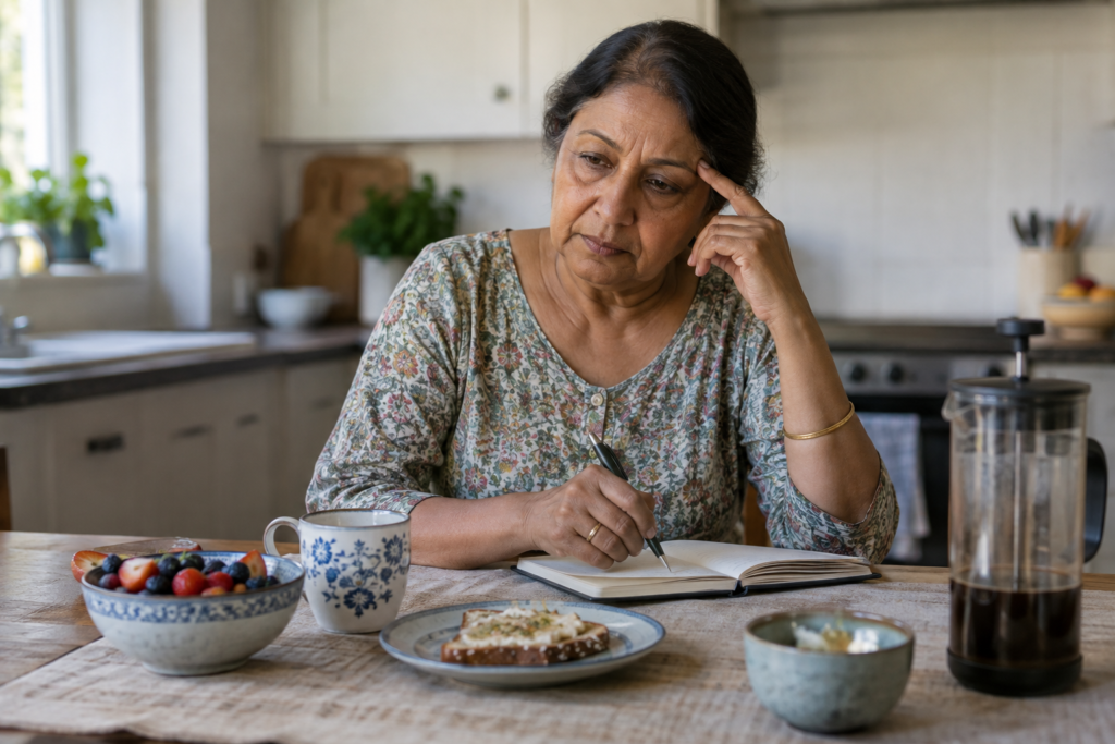 Woman sitting at a breakfast table with a notebook