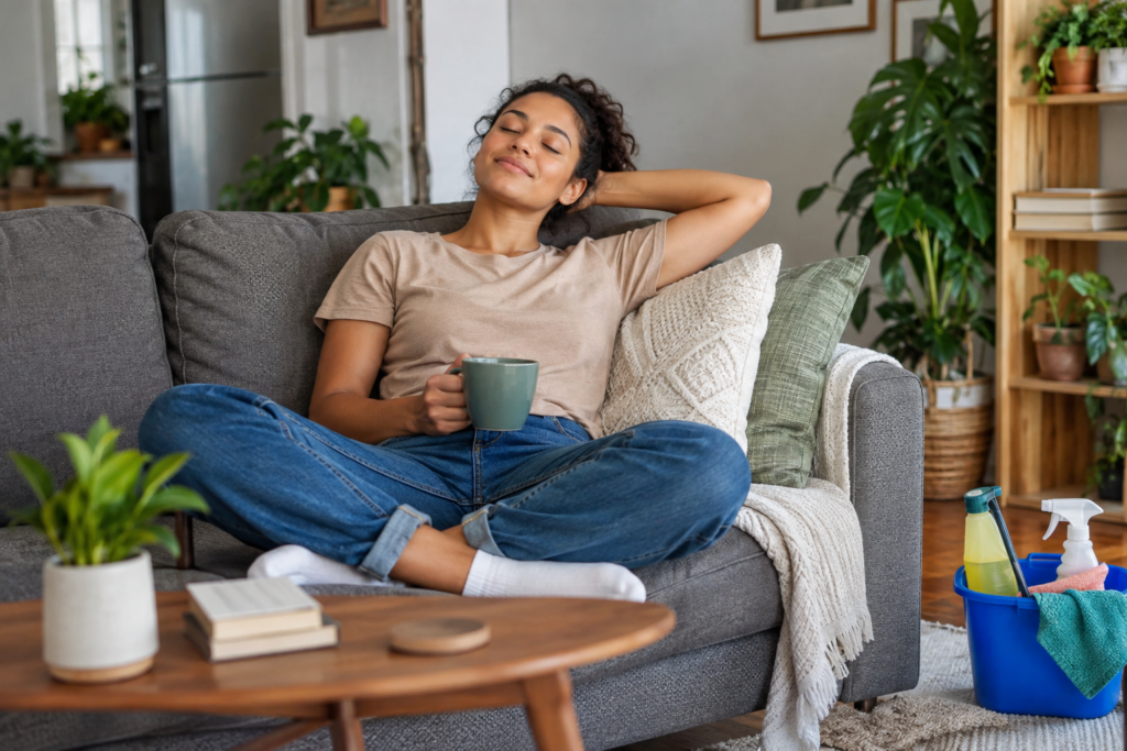 Adult resting on a sofa beside a small basket of laundry