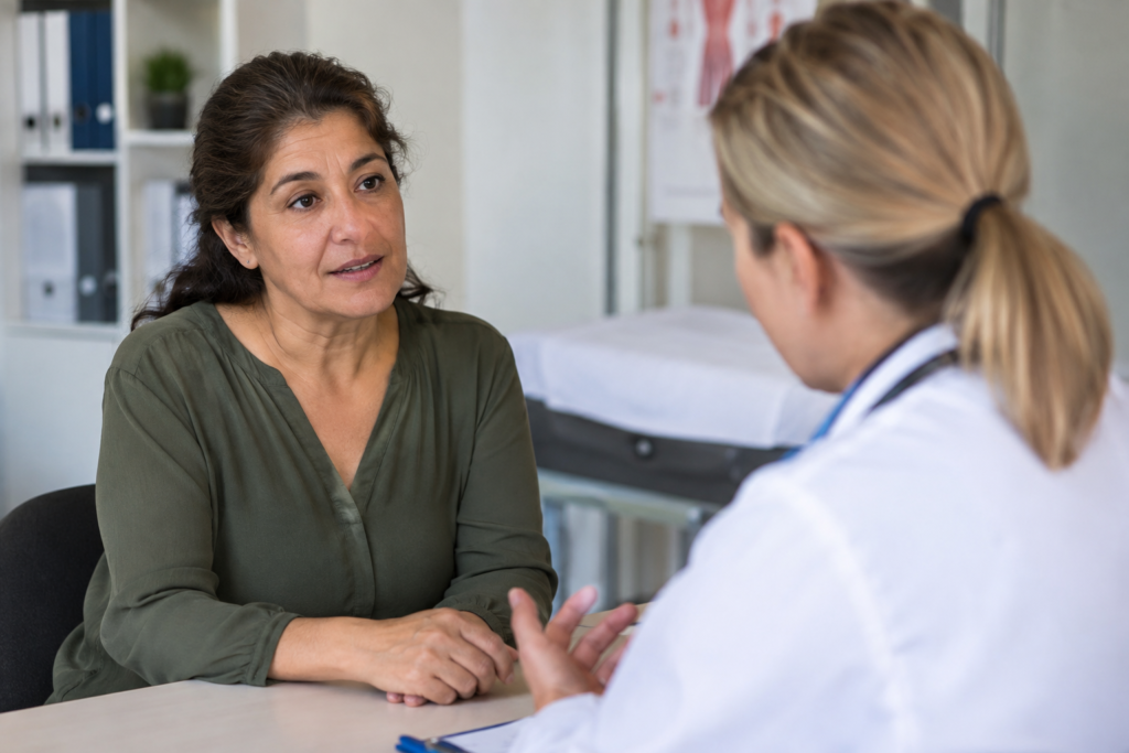 Woman discussing symptoms with a clinician