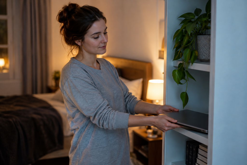Young adult putting a closed laptop away before bed