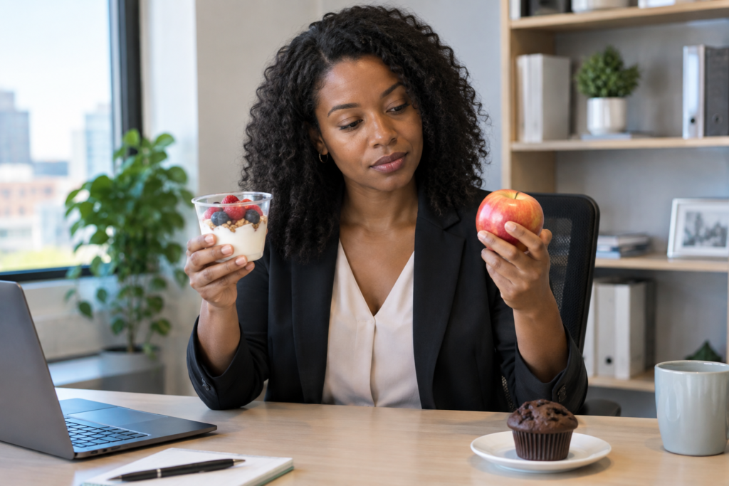Office worker seated beside an afternoon snack and fruit