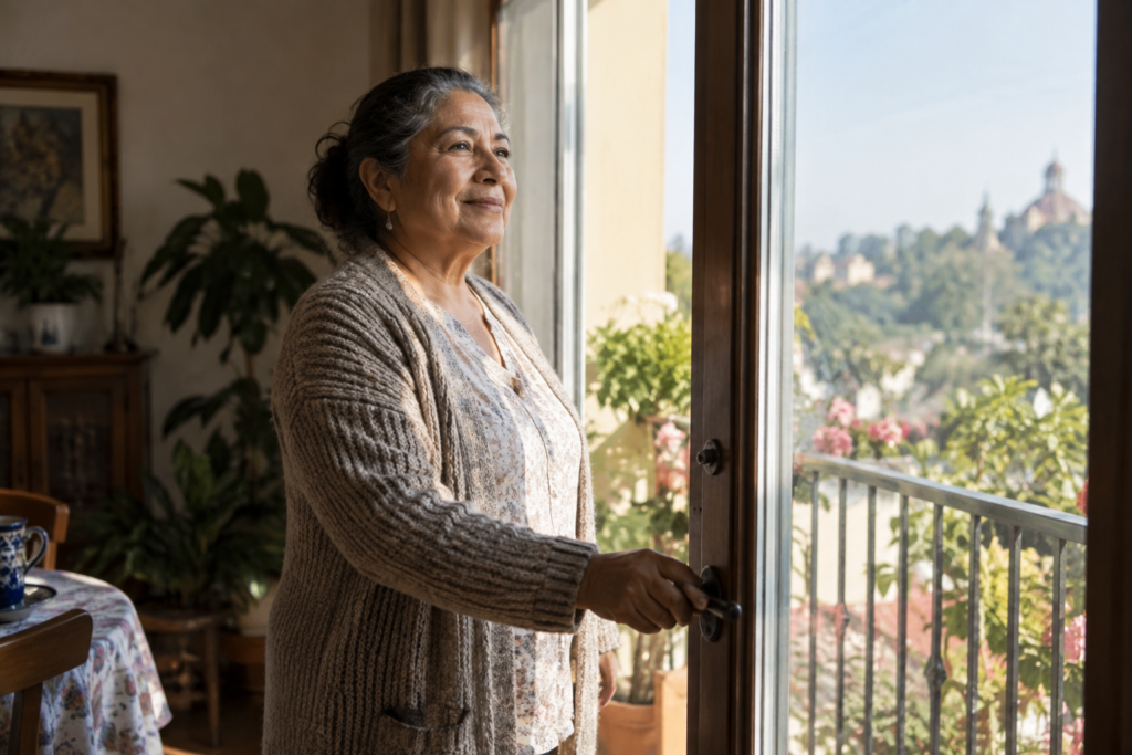 Woman opening a balcony door in morning light