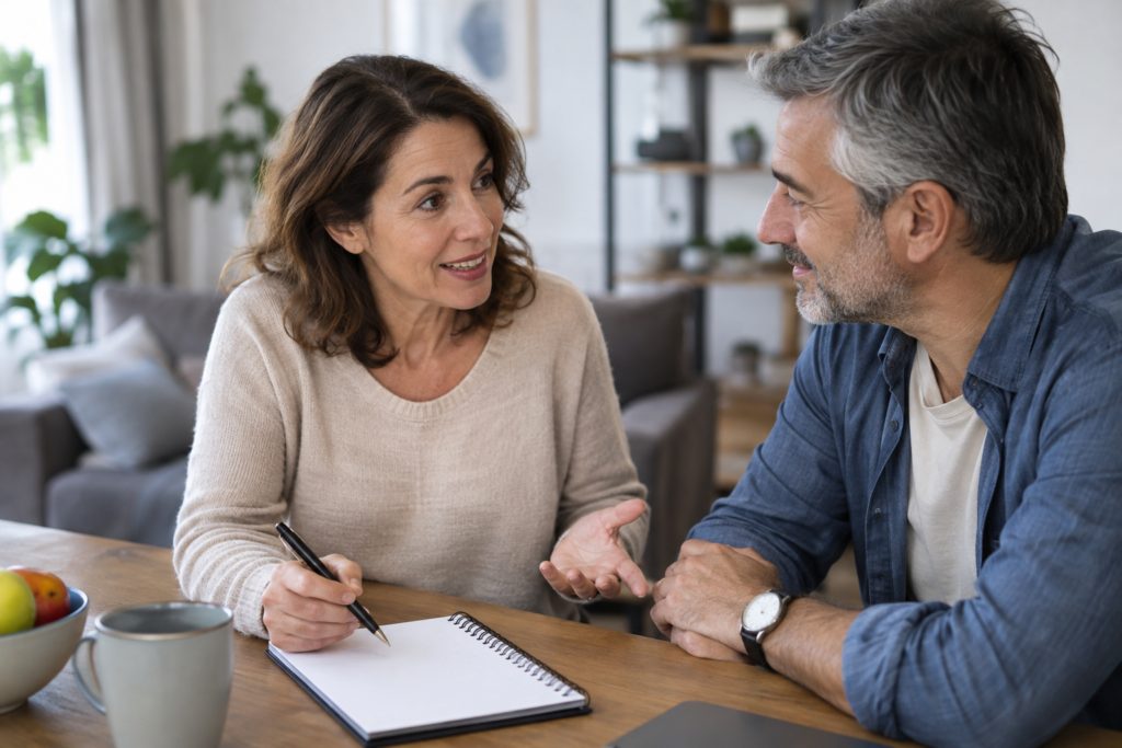 Woman and partner discussing a daily plan at home