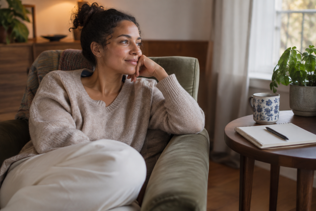 Adult resting in a softly lit room with a notebook nearby