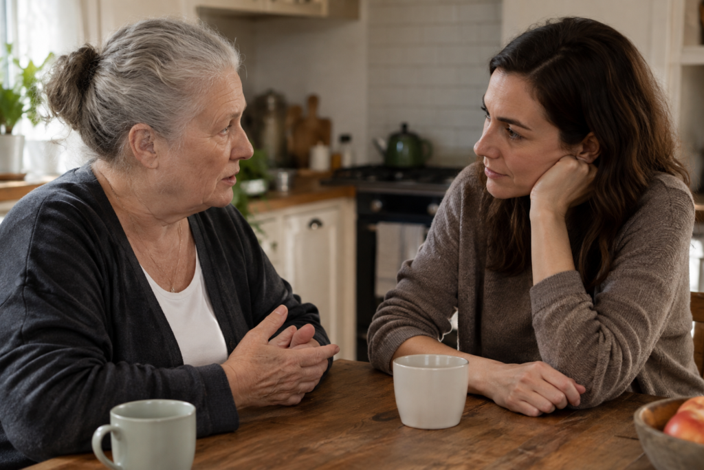 Two adults talking quietly at a kitchen table