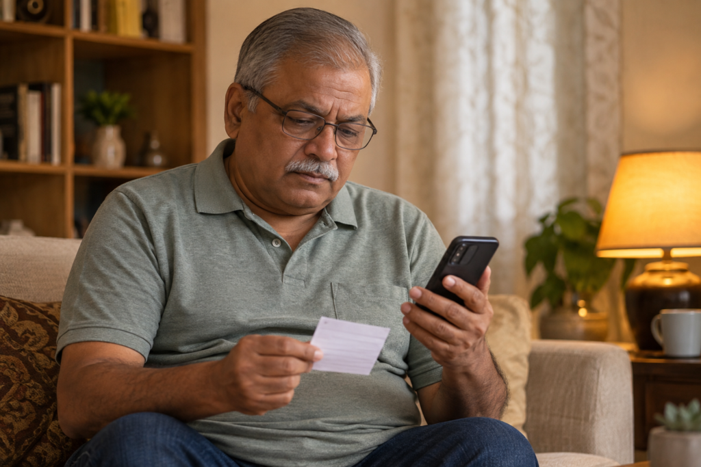 Man looking at a notebook before calling a clinic