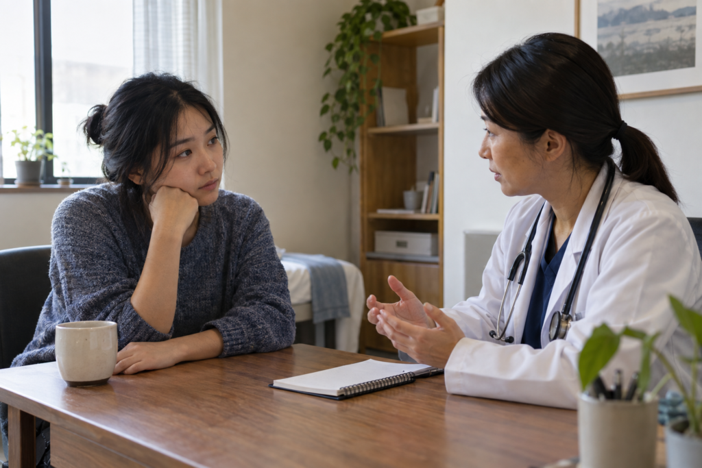 Woman discussing her sleep with a clinician