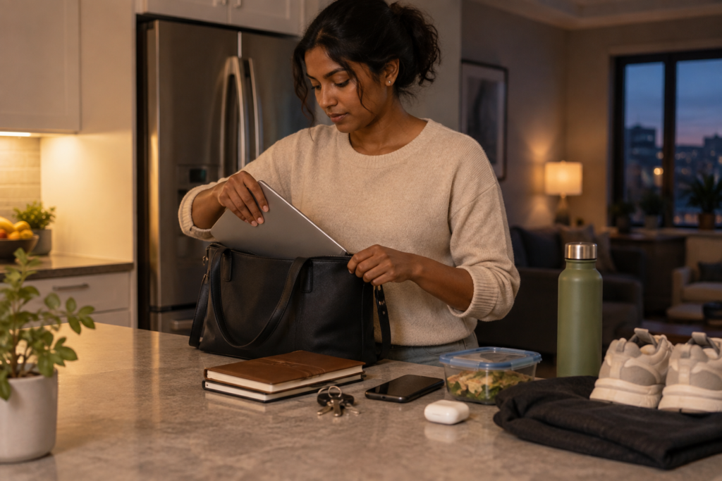 Adult preparing a bag and simple breakfast items for the next day