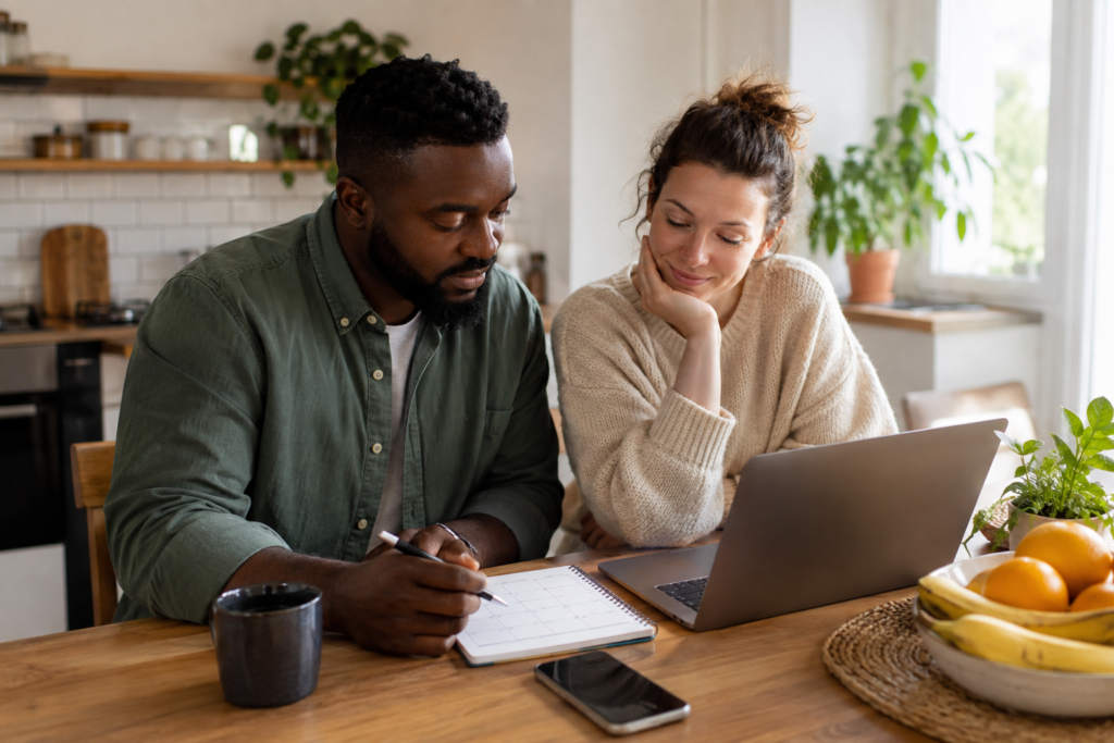 Couple planning their week at a kitchen table